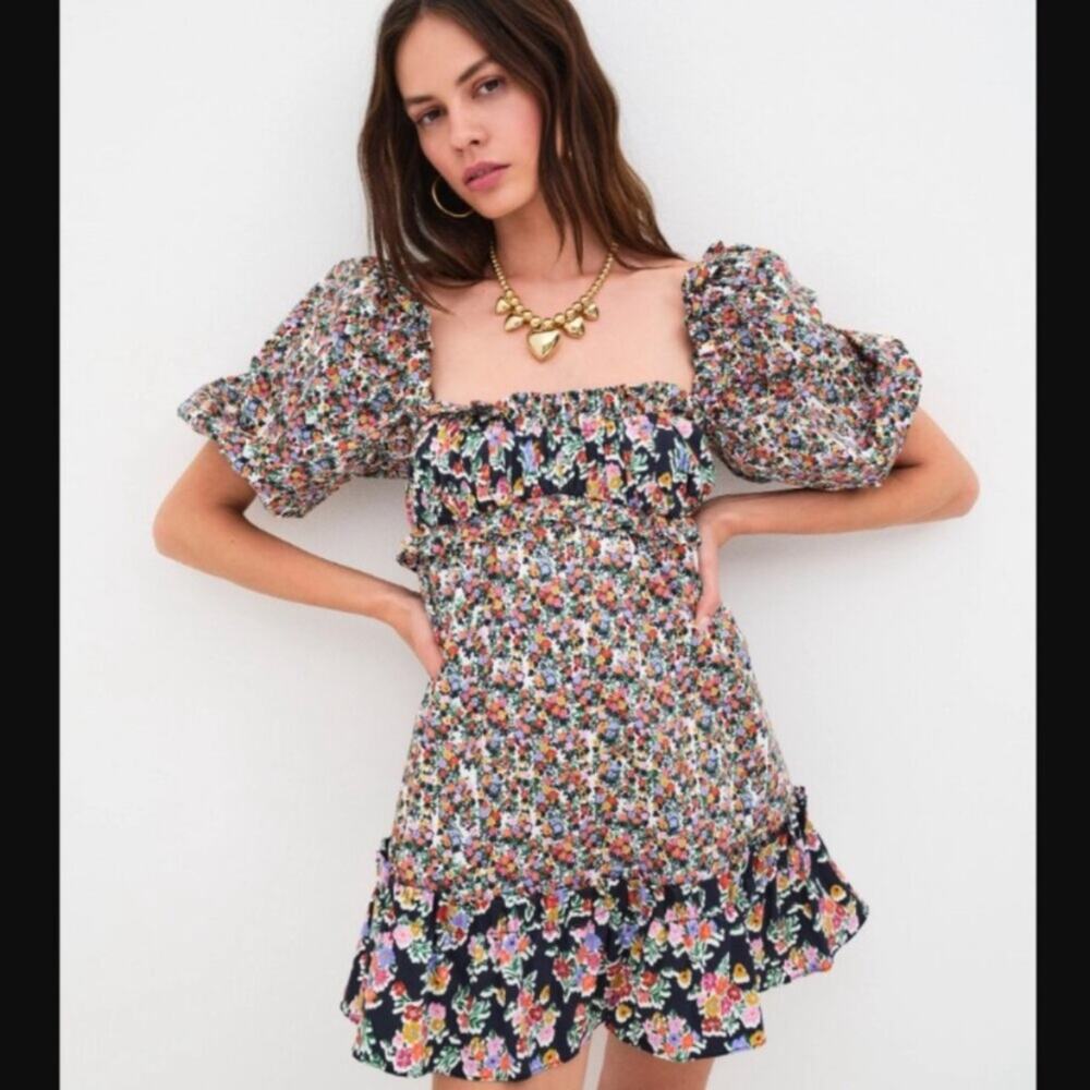 For love & Lemons size large nwt Hudson mini dress Chic Floral ruffle black